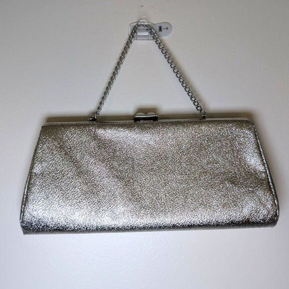 Silver Metallic Kisslock Clutch Evening Bag Prom Wedding Formal Glam Old Money - Picture 2 of 8